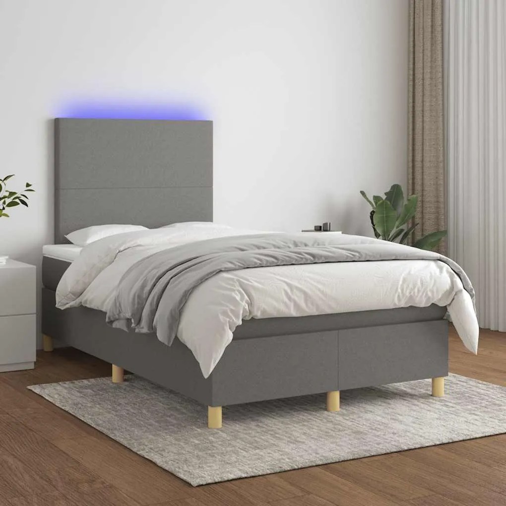 vidaXL Κρεβάτι Boxspring με Στρώμα & LED Σκ.Γκρι 120x190εκ. Υφασμάτινο