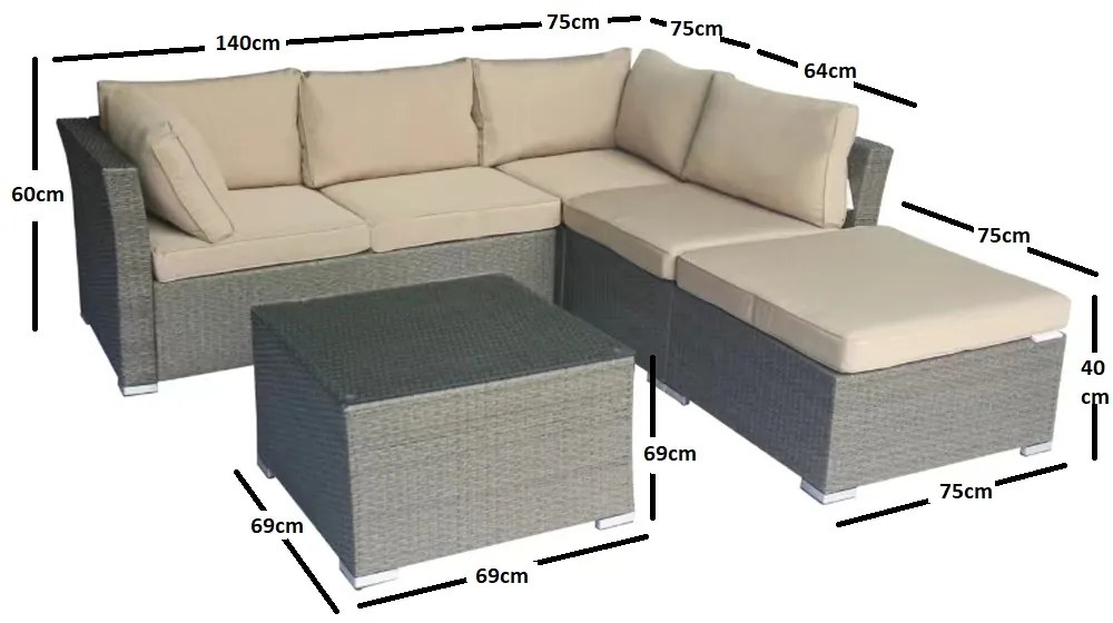 Artekko Rattan Καναπές Γωνία (140x76x60)cm (75x75x60)cm (64x75x60)cm Σκαμπό (75x75x40)cm Τραπεζάκι (69x69x42)cm Καφέ Γκρι Πλαστικ Ρατάν Ανοιχτό Καφέ Μαξιλάρι Σετ/5