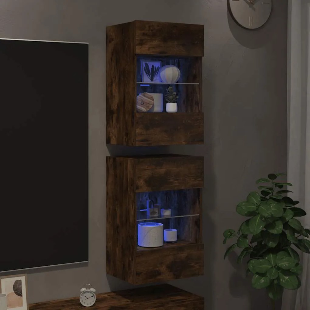 vidaXL Κρεμαστά ντουλάπια με φώτα LED για τηλεόραση 2 Τεμ. Καπνιστή Δρυς 40x30x60,5εκ.