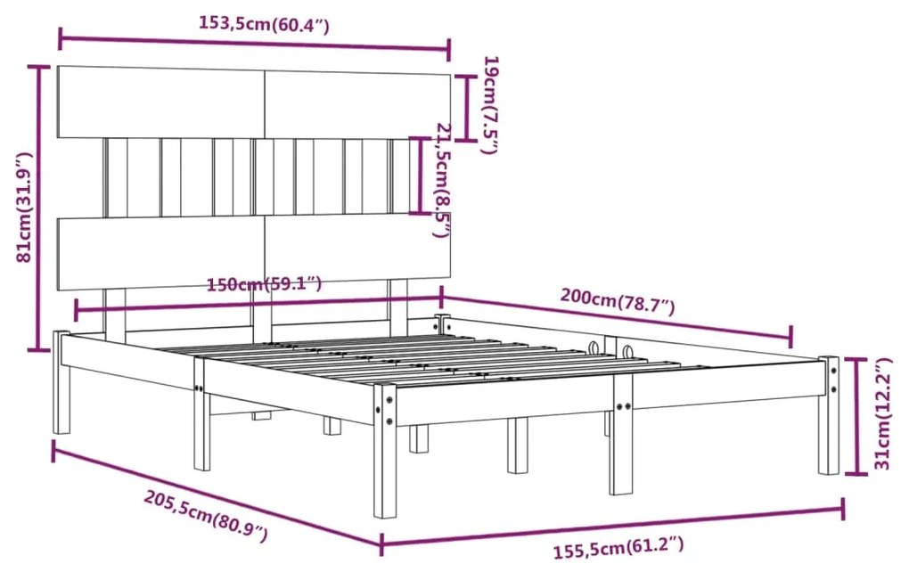 vidaXL Πλαίσιο Κρεβατιού 150 x 200 εκ. Μασίφ Ξύλο King Size