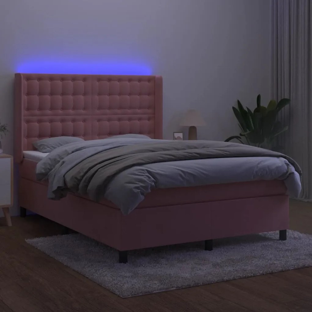 Κρεβάτι Boxspring με Στρώμα &amp; LED Ροζ 140x190 εκ. Βελούδινο - Ροζ