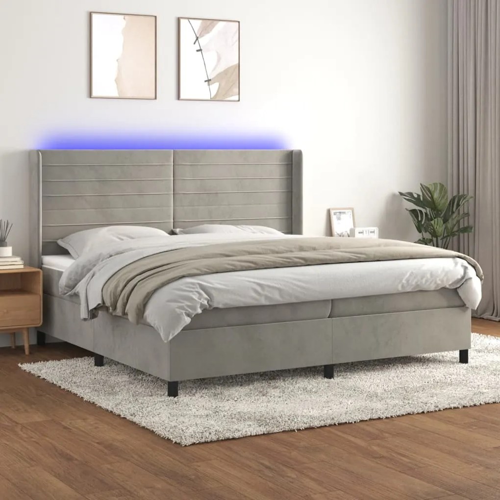 vidaXL Κρεβάτι Boxspring με Στρώμα &amp; LED Αν.Γκρι 200x200 εκ. Βελούδινο