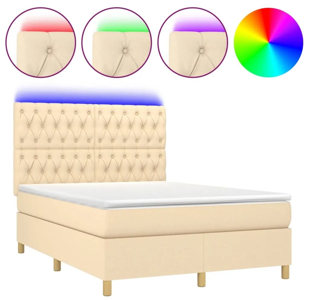 Κρεβάτι Boxspring με Στρώμα &amp; LED Κρεμ 140x190 εκ. Υφασμάτινο - Κρεμ