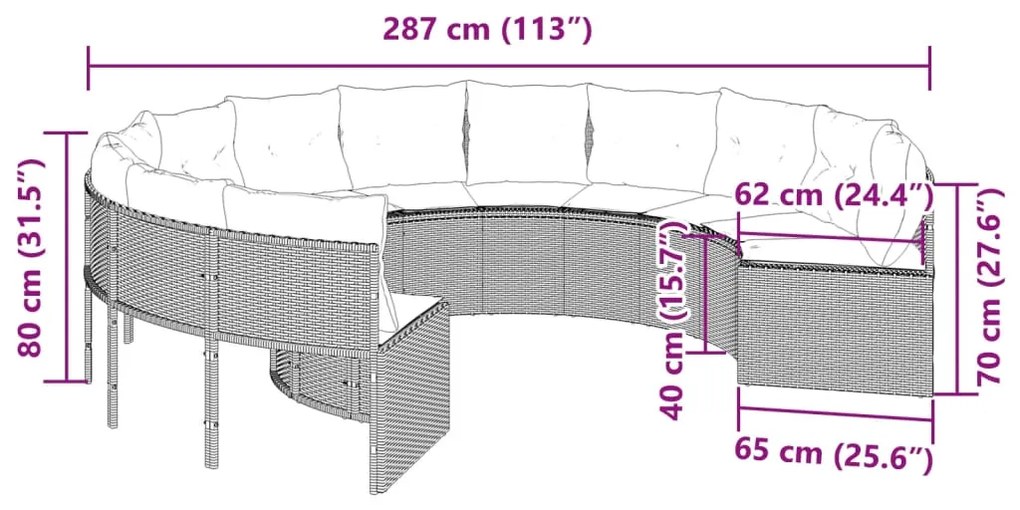 vidaXL Καναπές Κήπου Μαύρος Στρογγυλός από Συνθετικό Ρατάν + Μαξιλάρια