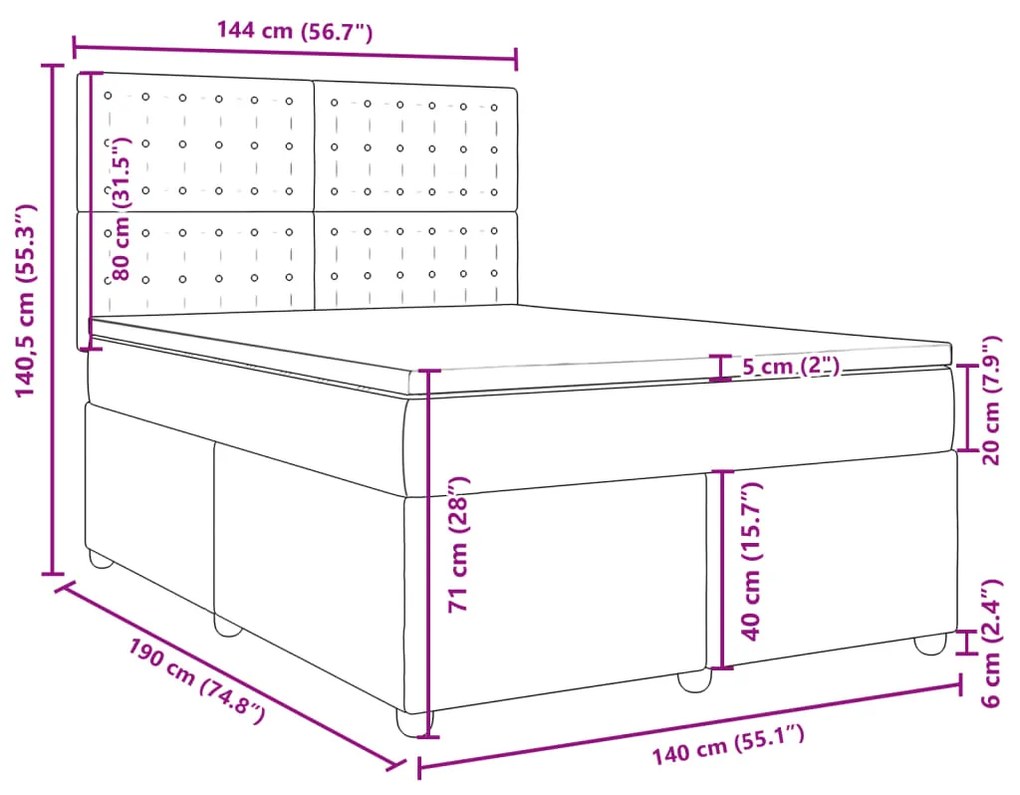 Κρεβάτι Boxspring με Στρώμα Σκούρο Γκρι 140x190 εκ. Υφασμάτινο - Γκρι