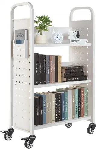 VEVOR 3-Tier Rolling Book Cart Single Sided L-Shaped Shelves Book Truck in White