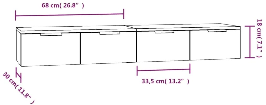 vidaXL Ντουλάπια Τοίχου 2 τεμ. Μαύρα 68x30x20 εκ. Επεξεργασμένο Ξύλο