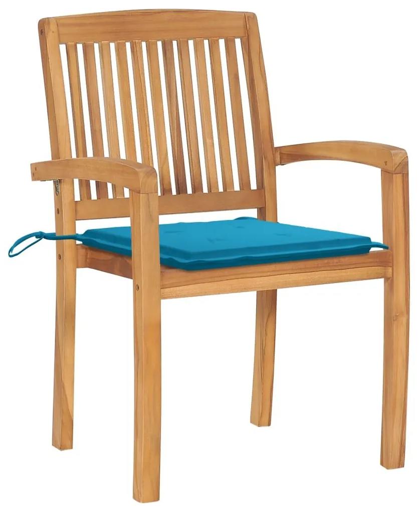 Καρέκλες Κήπου Στοιβαζόμενες 4 τεμ. Μασίφ Ξύλο Teak &amp; Μαξιλάρια - Μπλε