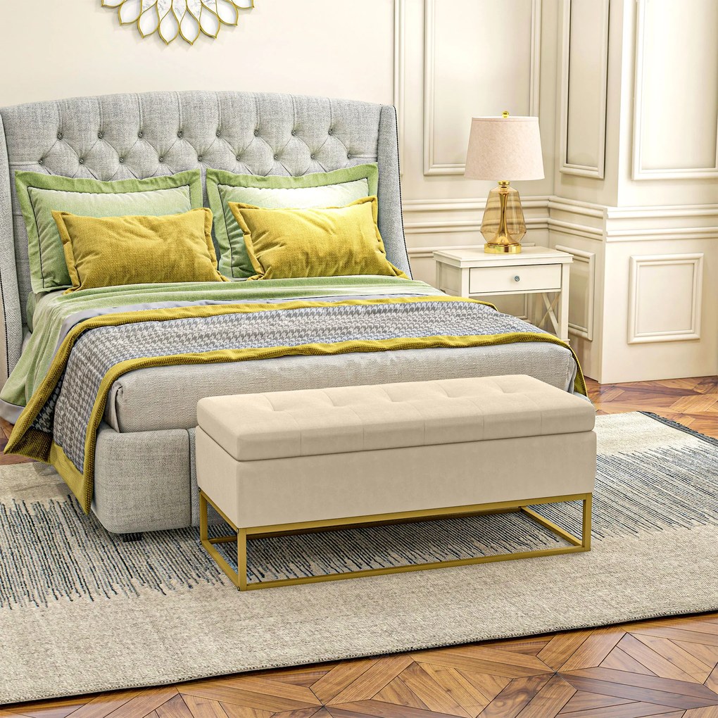 HOMCOM Πάγκος με αποθηκευτικό χώρο, διακοσμητική κουμπωτή επένδυση, όψη φλα mine, χρυσά ατσάλινα πόδια, 110 x 47 x 46,5 cm