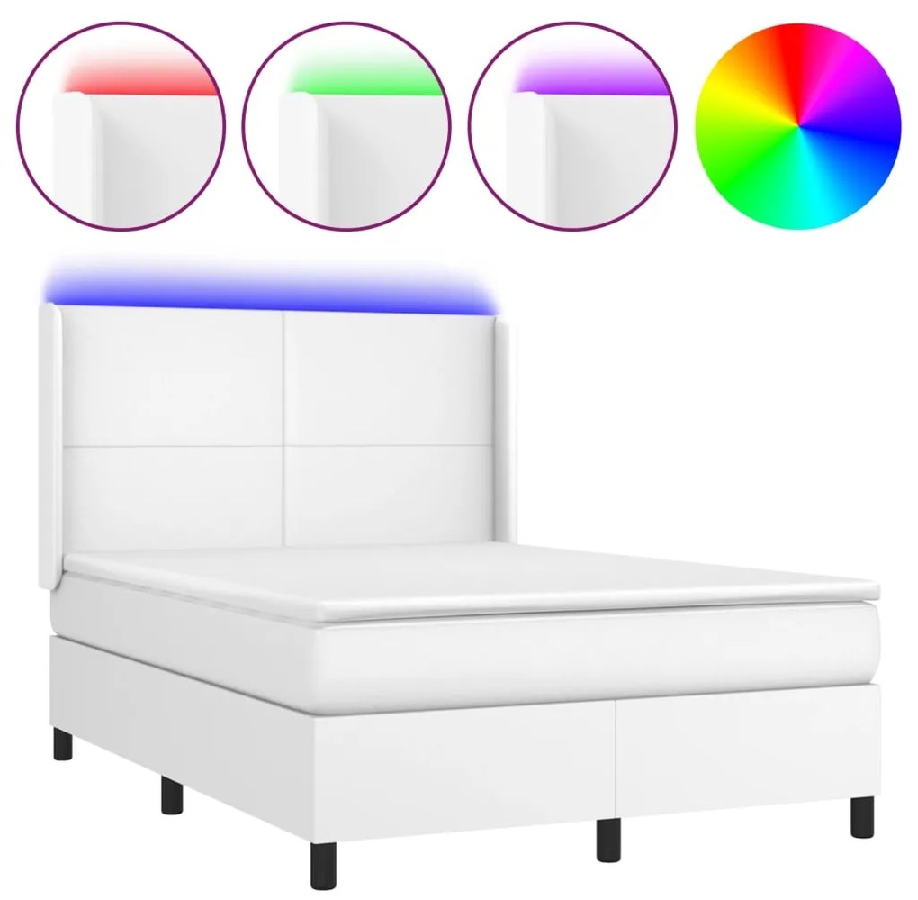 Κρεβάτι Boxspring με Στρώμα &amp; LED Λευκό 140x200 εκ. Συνθ. Δέρμα - Λευκό