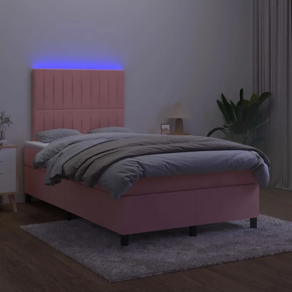 vidaXL Κρεβάτι Boxspring με Στρώμα & LED Ροζ 120x200 εκ. Βελούδινο