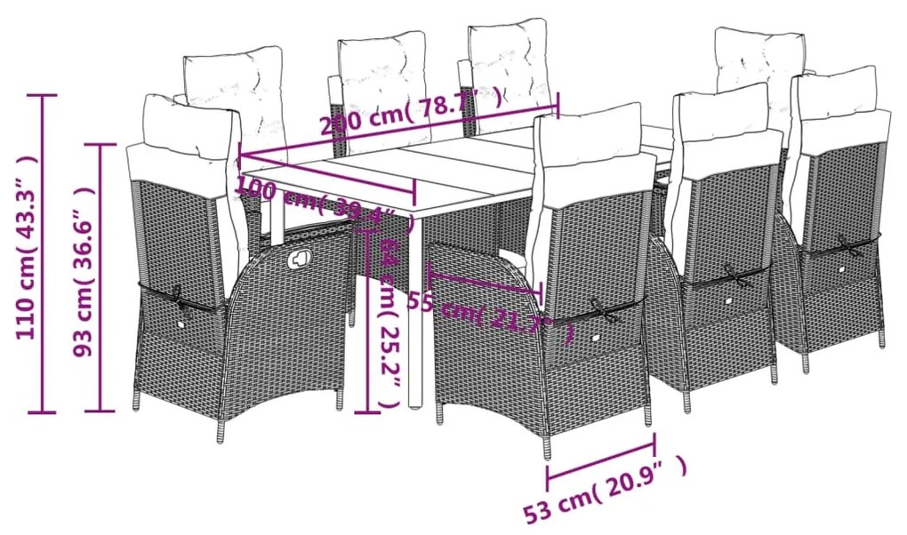 Σετ Τραπεζαρίας Κήπου 9 τεμ Μαύρο από Συνθ. Ρατάν με Μαξιλάρια 3213193