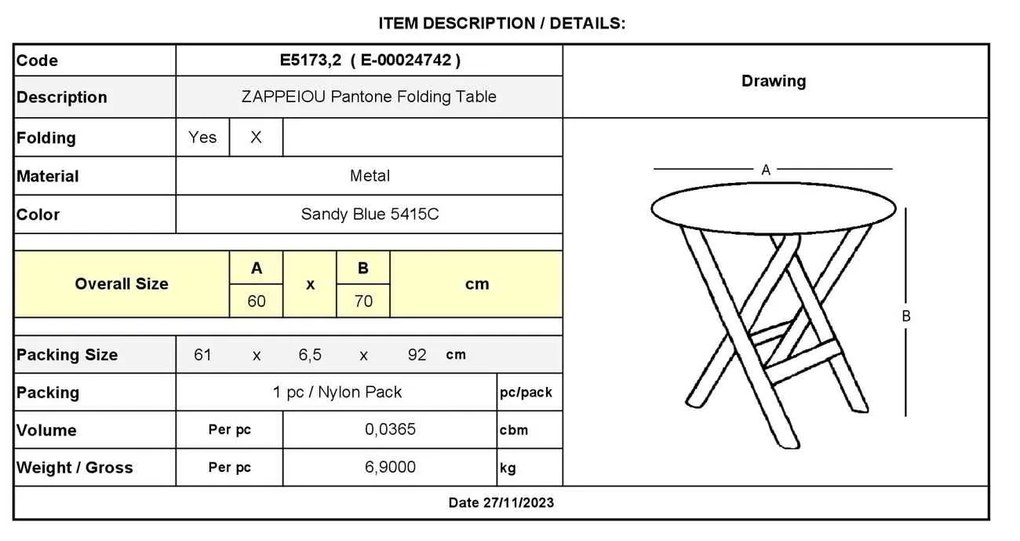 ΖΑΠΠΕΙΟΥ Pantone Τραπέζι Πτυσσόμενο, Μέταλλο Βαφή Sandy Blue 5415C Φ60cm H.70cm