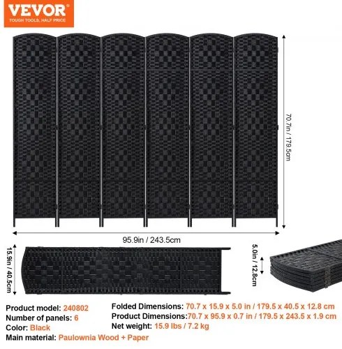 VEVOR 6 Panel Room Divider Hand-Woven Folding Privacy Screen with Hinges Black