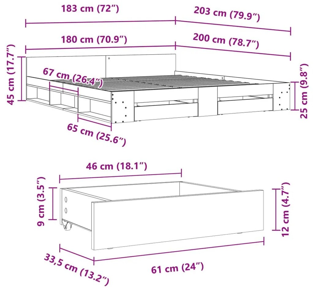 Πλαίσιο Κρεβατιού με Συρτάρια Μαύρο 180x200 εκ Επεξεργ. Ξύλο - Μαύρο