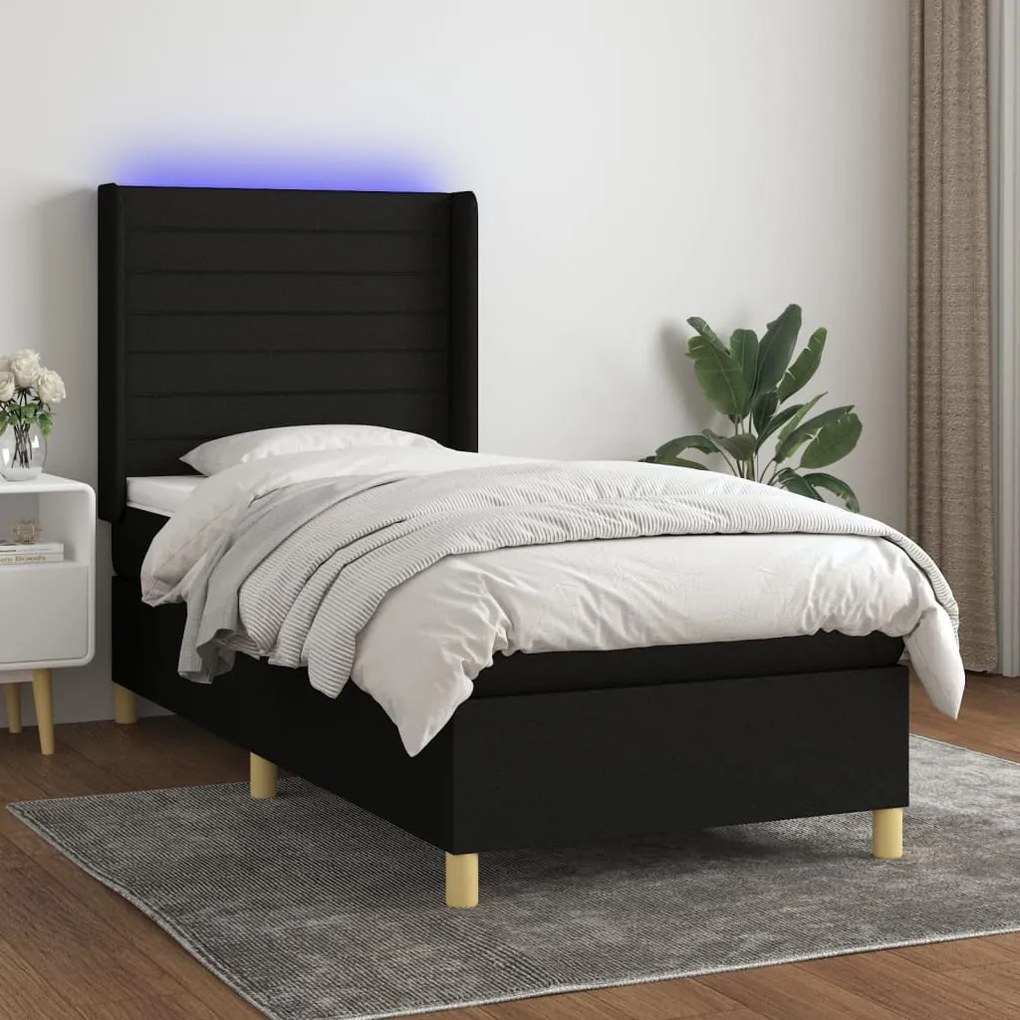 vidaXL Κρεβάτι Boxspring με Στρώμα & LED Μαύρο 100x200 εκ. Υφασμάτινο