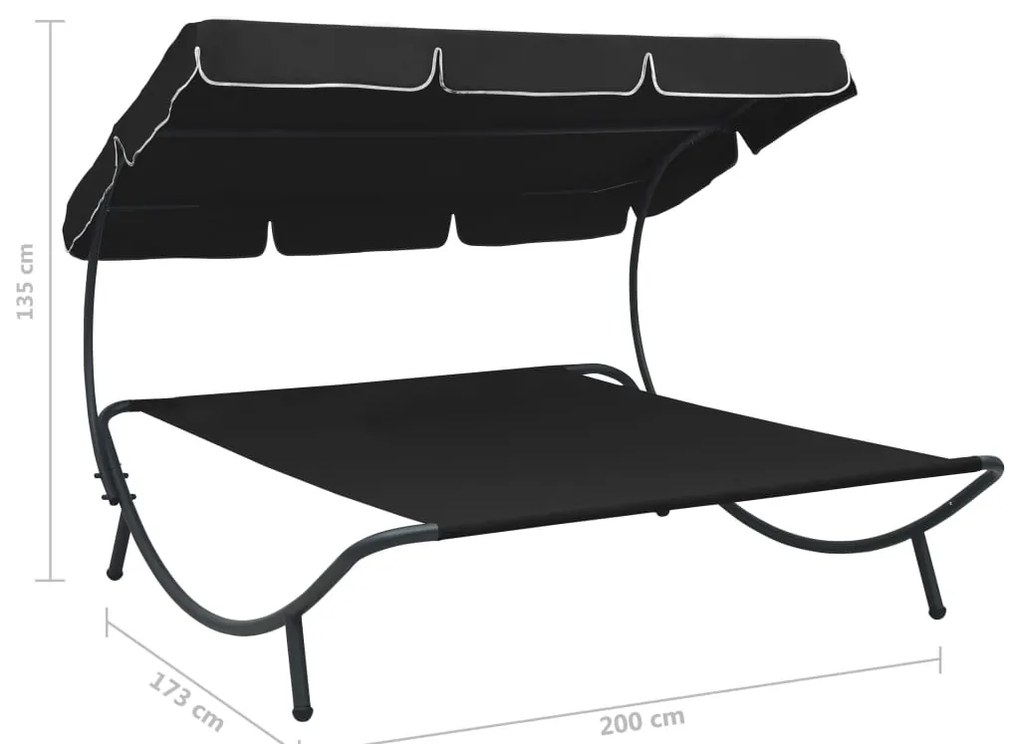 vidaXL Ξαπλώστρα - Κρεβάτι Διπλή Μαύρη με Σκίαστρο