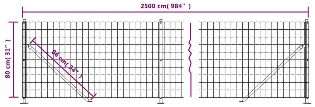 vidaXL Συρματόπλεγμα Περίφραξης Ανθρακί 0,8 x 25 μ. με Βάσεις Φλάντζα