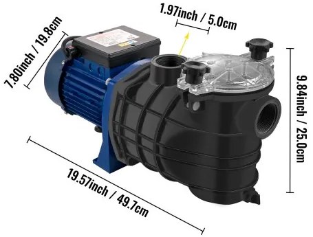 VEVOR 1 HP Pool Pump, 15000 L/h 750W Pool Pump In/Ground Swimming Pool Pump with Strainer Basket Pool Pump Motor for Clean Swimming Pool Water 1.97&quot; Inlet/Outlet pool filter pump with 2 Fitting Hoses