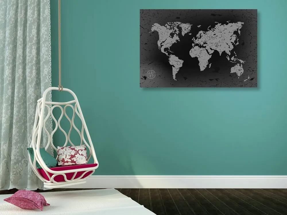 Εικόνα στο φελλό ενός παλιού παγκόσμιου χάρτη σε αφηρημένο φόντο σε ασπρόμαυρο - 120x80  color mix