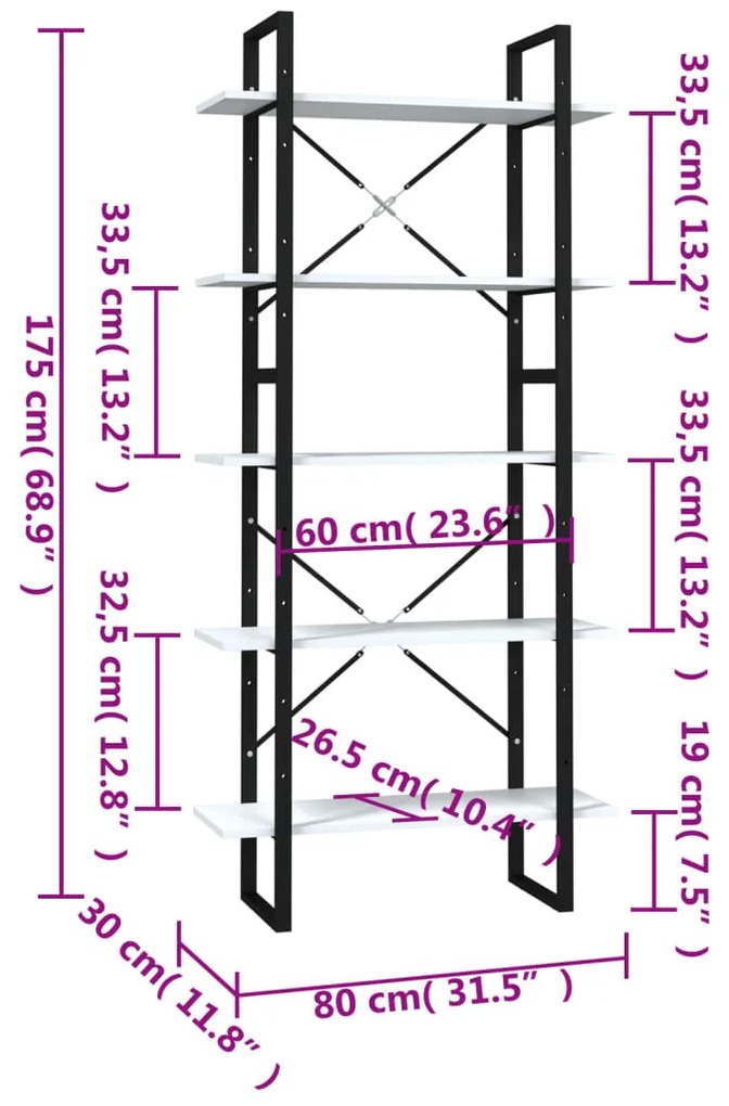 vidaXL Βιβλιοθήκη με 5 Ράφια Λευκή 80 x 30 x 175 εκ. από Επεξ. Ξύλο