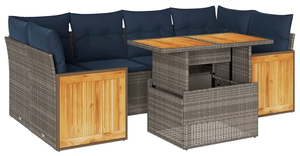 vidaXL Σετ Σαλονιού Κήπου 7 τεμ. Γκρι Συνθετικό Ρατάν Μαξιλάρια Ακακία