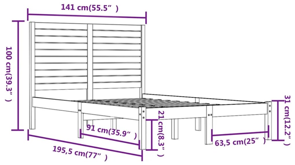 vidaXL Πλαίσιο Κρεβατιού 135 x 190 εκ. από Μασίφ Ξύλο Double