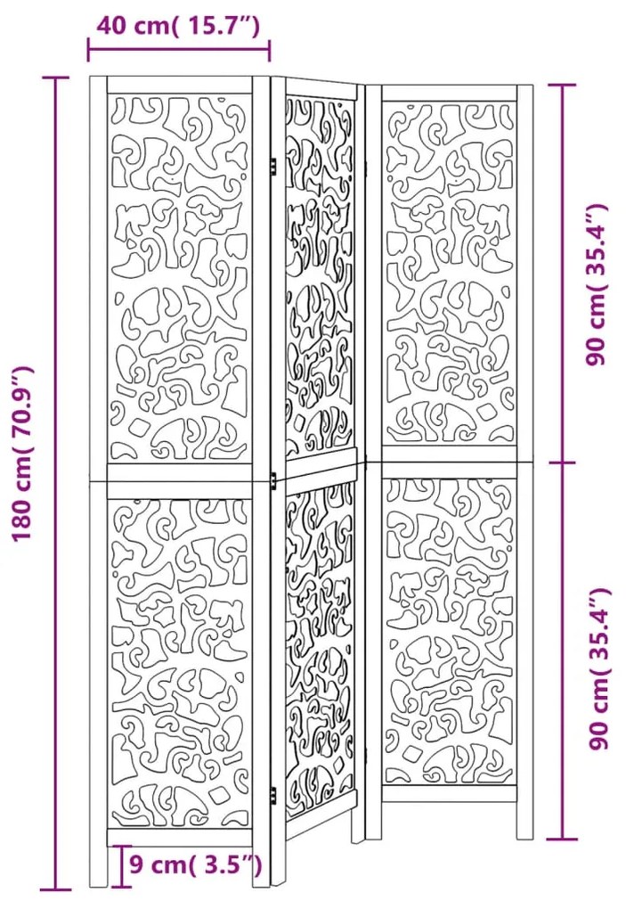 Διαχωριστικό Χώρου με 3 Πάνελ Μαύρο από Μασίφ Ξύλο Παυλώνιας - Μαύρο