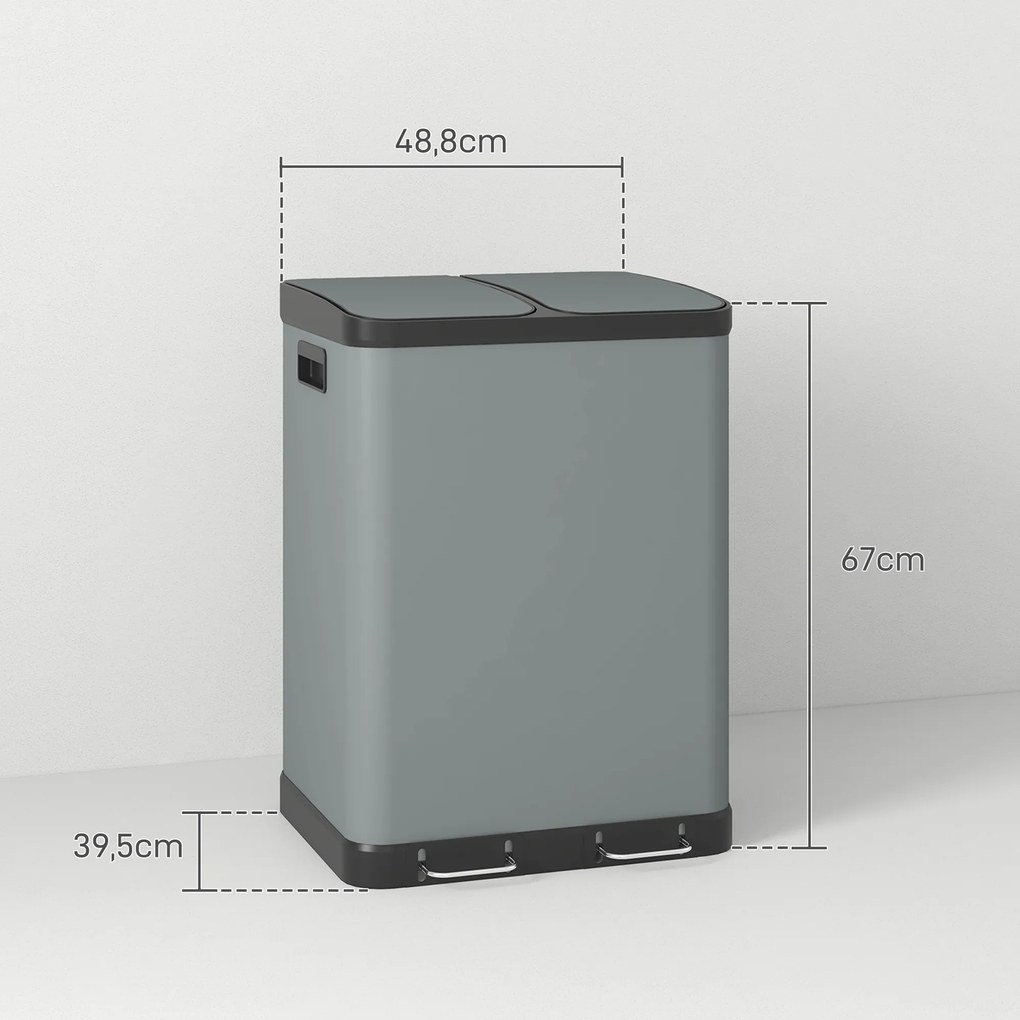 HOMCOM Κάδος απορριμμάτων διπλού διαμερίσματος, 2 x 30L, ανθεκτικός σε δακτυλικά αποτυπώματα, πεντάλ, αφαιρούμενοι εσωτερικοί κάδοι, Γκρι