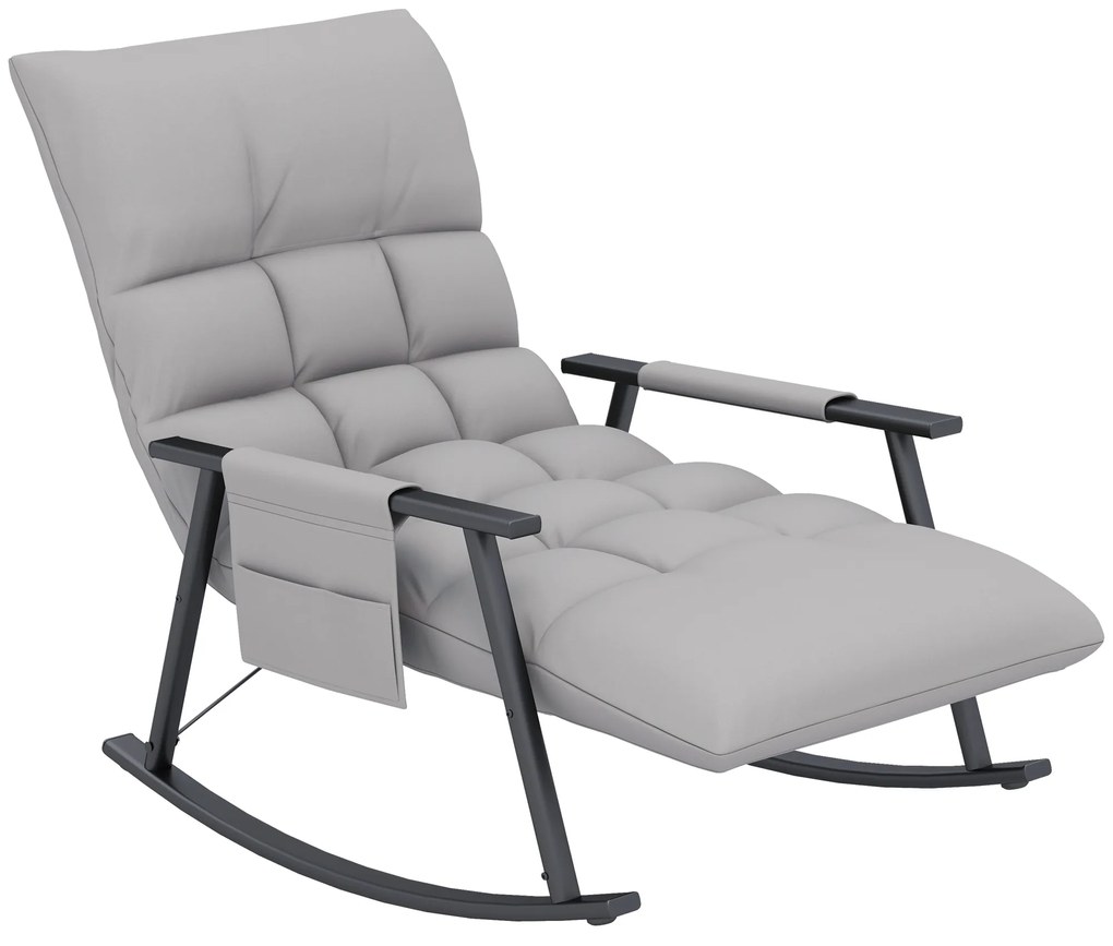 HOMCOM Πολυθρόνα-Κουνιστή, Ρυθμιζόμενη πλάτη & υποπόδιο, Πλαϊνή τσέπη, Κάλυμμα μικροϊνών, Μεταλλικός σκελετός, Γκρι