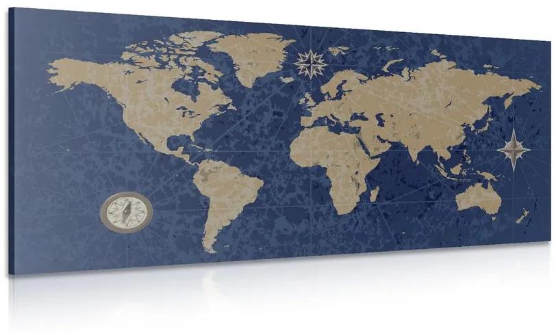 Εικόνα παγκόσμιου χάρτη με πυξίδα σε ρετρό στυλ σε μπλε φόντο