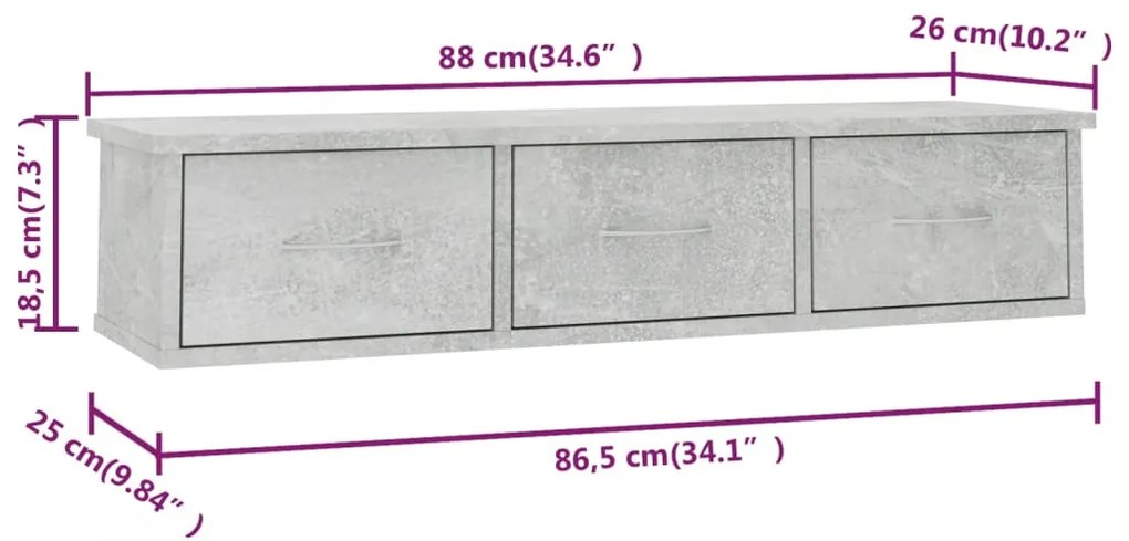 vidaXL Ράφι Τοίχου με Συρτάρια Γκρι Σκυροδ. 88x26x18,5 εκ. Επεξ. Ξύλο