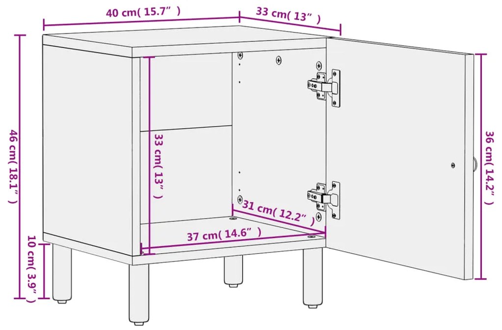 Κομοδίνα 2 τεμ. Μαύρα 40 x 33 x 46 εκ. από Μασίφ Ξύλο Μάνγκο - Μαύρο