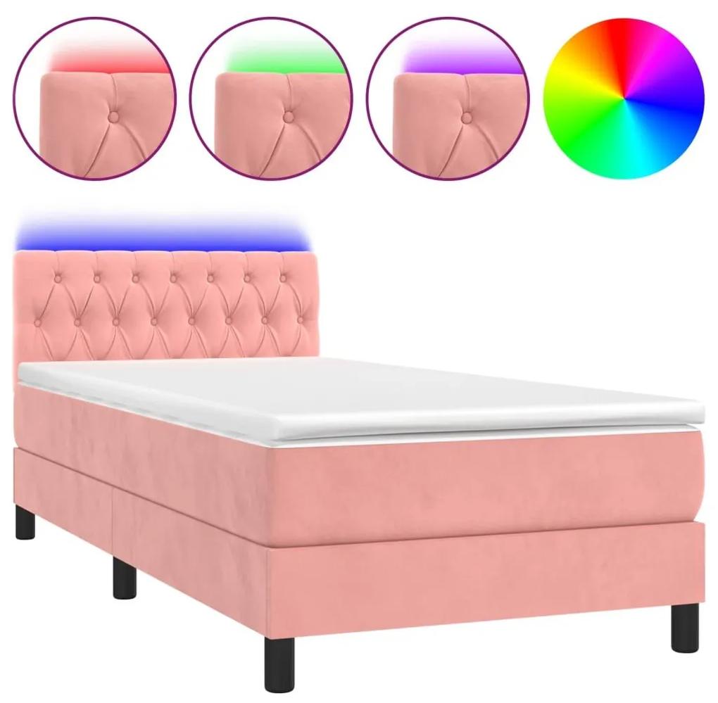 Κρεβάτι Boxspring με Στρώμα &amp; LED Ροζ 90x190 εκ. Βελούδινο - Ροζ