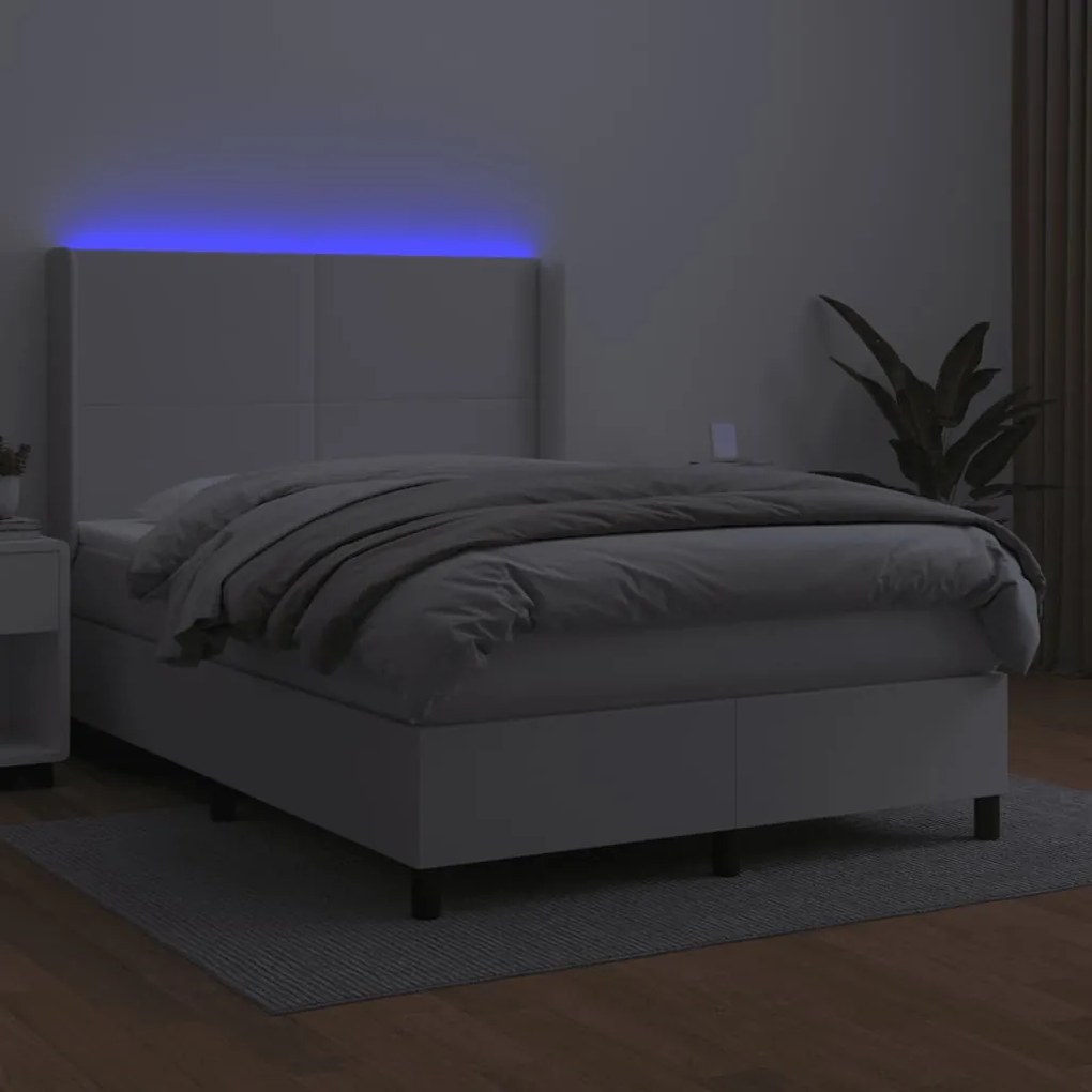 Κρεβάτι Boxspring με Στρώμα &amp; LED Λευκό 140x190 εκ. Συνθ. Δέρμα - Λευκό