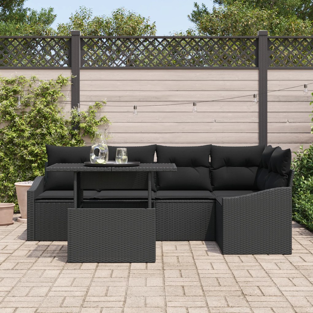 vidaXL Set Καναπέ Κήπου 6 Τεμαχίων με Μαξιλάρια Μαύρο Πολυ Ράτανα