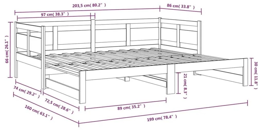 Καναπές Κρεβάτι Συρόμενος Μαύρος 2x(80x200) εκ. από Μασίφ Πεύκο - Μαύρο