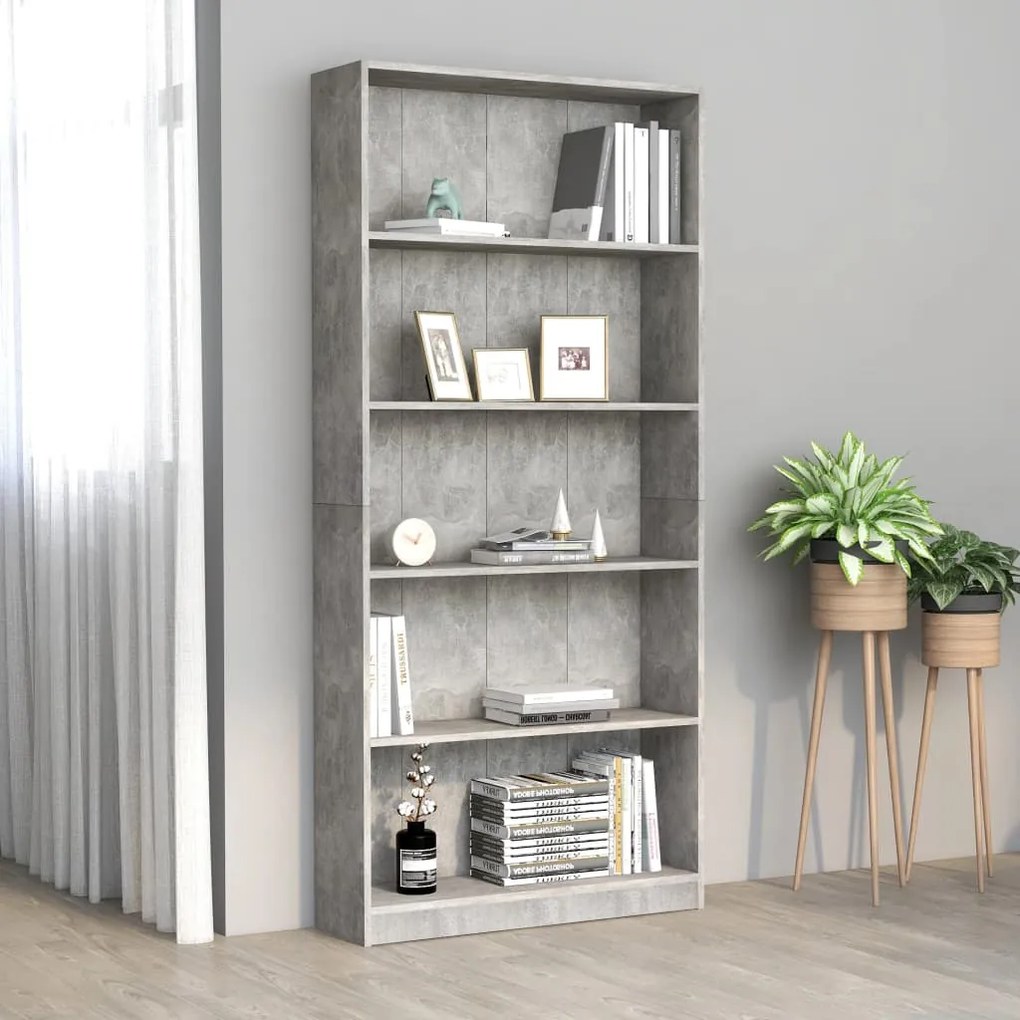 vidaXL Βιβλιοθήκη 5 Ράφια Γκρι Σκυροδέματος 80x24x175 εκ. Επεξ. Ξύλο