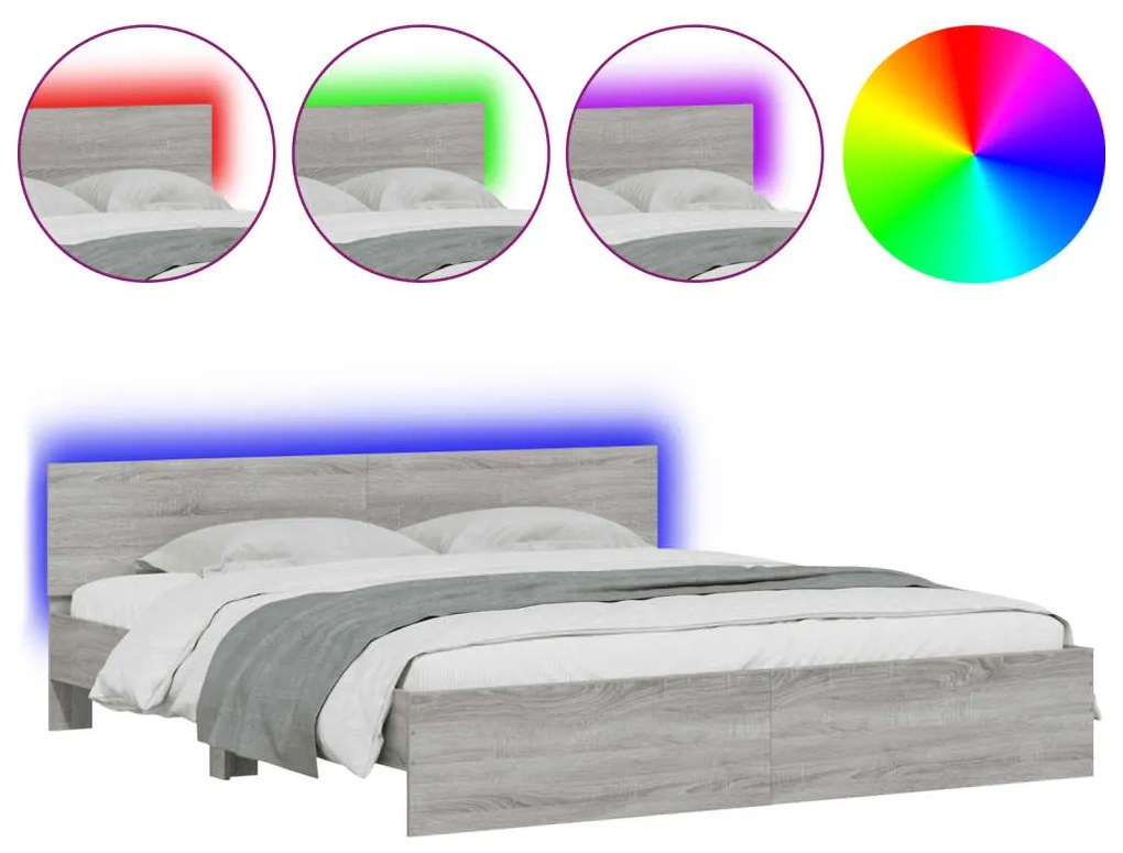 vidaXL Πλαίσιο Κρεβατιού με Κεφαλάρι/LED Γκρι Sonoma 180x200 εκ.