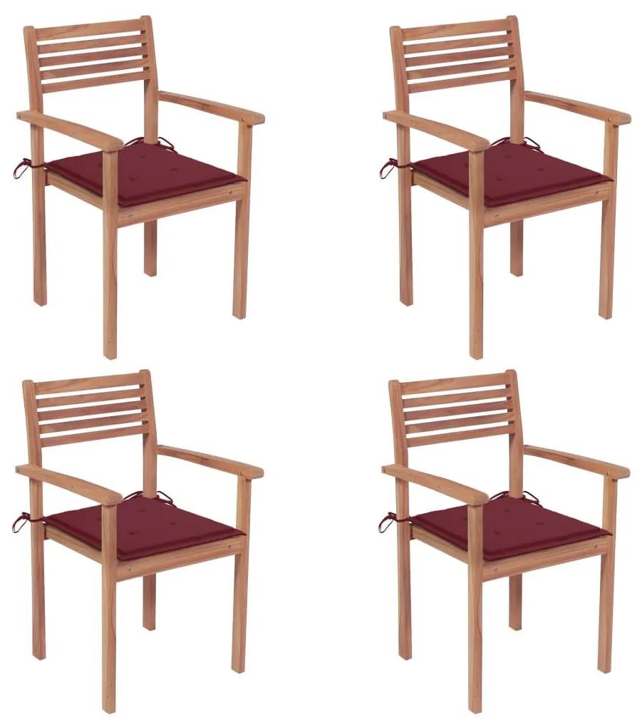 Καρέκλες Κήπου 4 τεμ. από Μασίφ Ξύλο Teak με Μπορντό Μαξιλάρια - Κόκκινο