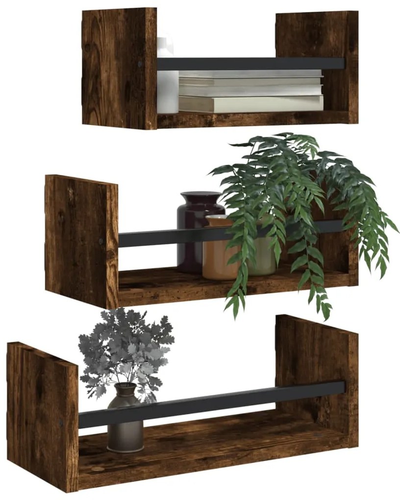 vidaXL Ράφια Τοίχου Σετ 3 τεμ. με Μπάρες Καπνιστή Δρυς Επεξεργ. ξύλο