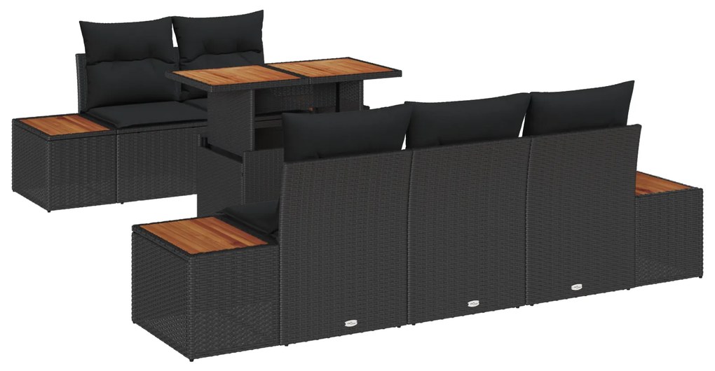 vidaXL Σετ 6 τεμαχίων Εξωτερικής Διατροφής  με Μαξιλάρια Μαύρο Συνθετικό Ρατάν Ακακίας