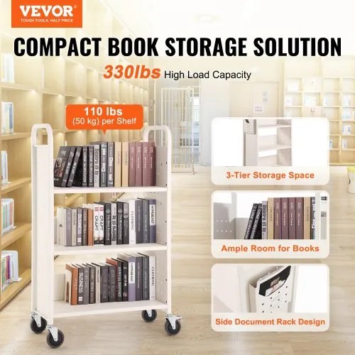 VEVOR Book Cart, 330 lbs Library Cart, 31.1&quot; x 15.2&quot; x 49.2&quot; Rolling Book Cart, Single Sided L-Shaped Flat Shelves with 4-Inch Lockable Wheels for Home Shelves Office and School, Book Truck in White