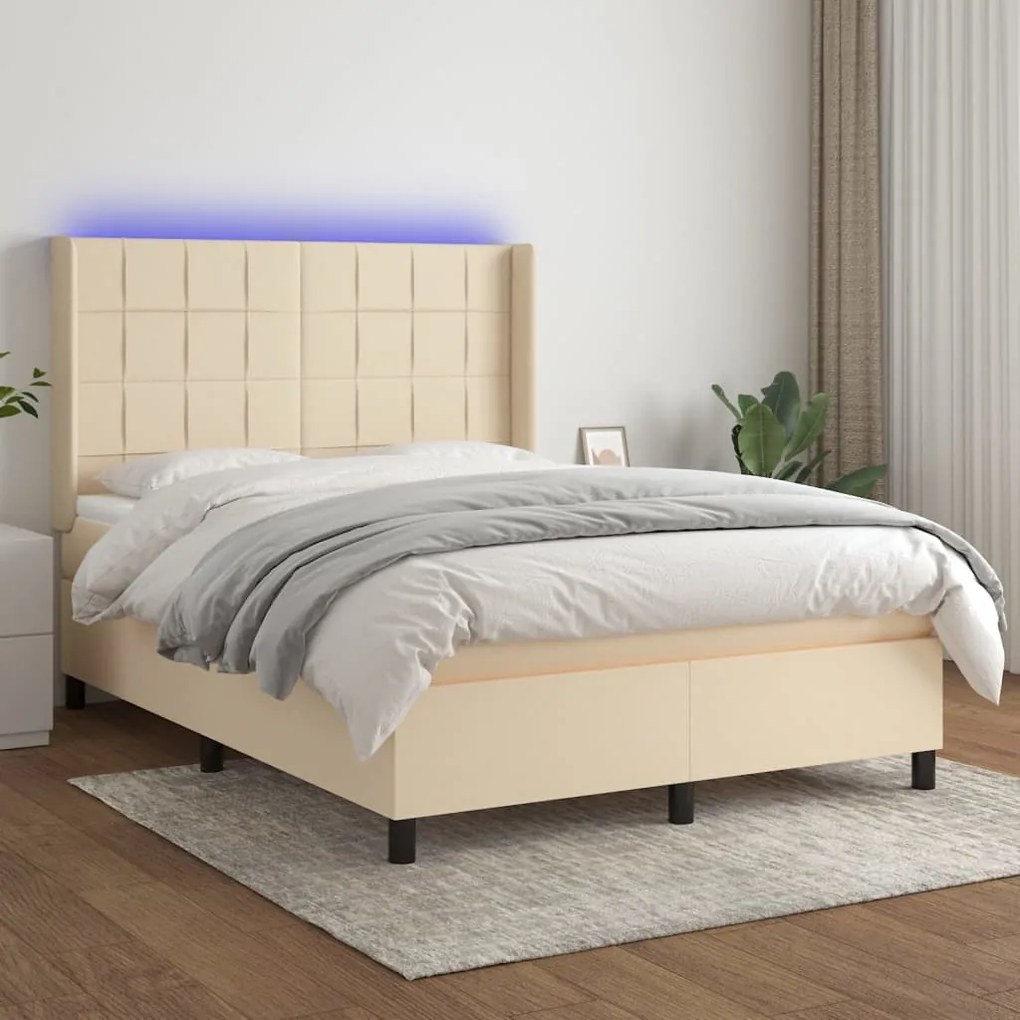 Κρεβάτι Boxspring με Στρώμα &amp; LED Κρεμ 140x200 εκ. Υφασμάτινο - Κρεμ