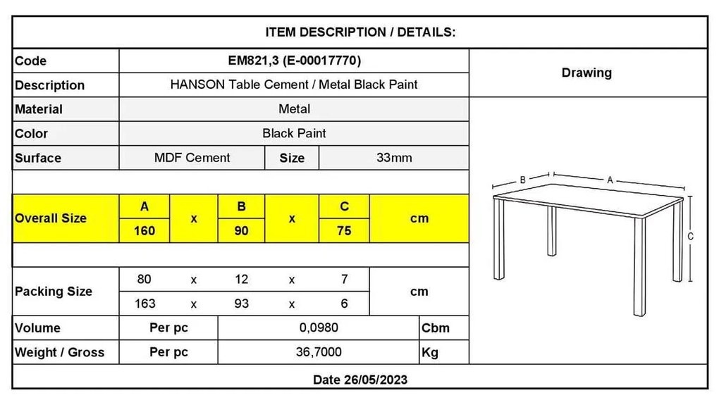 Τραπέζι Hanson 160x90x75cm Γκρι-Cement/Βαφή Μαύρη