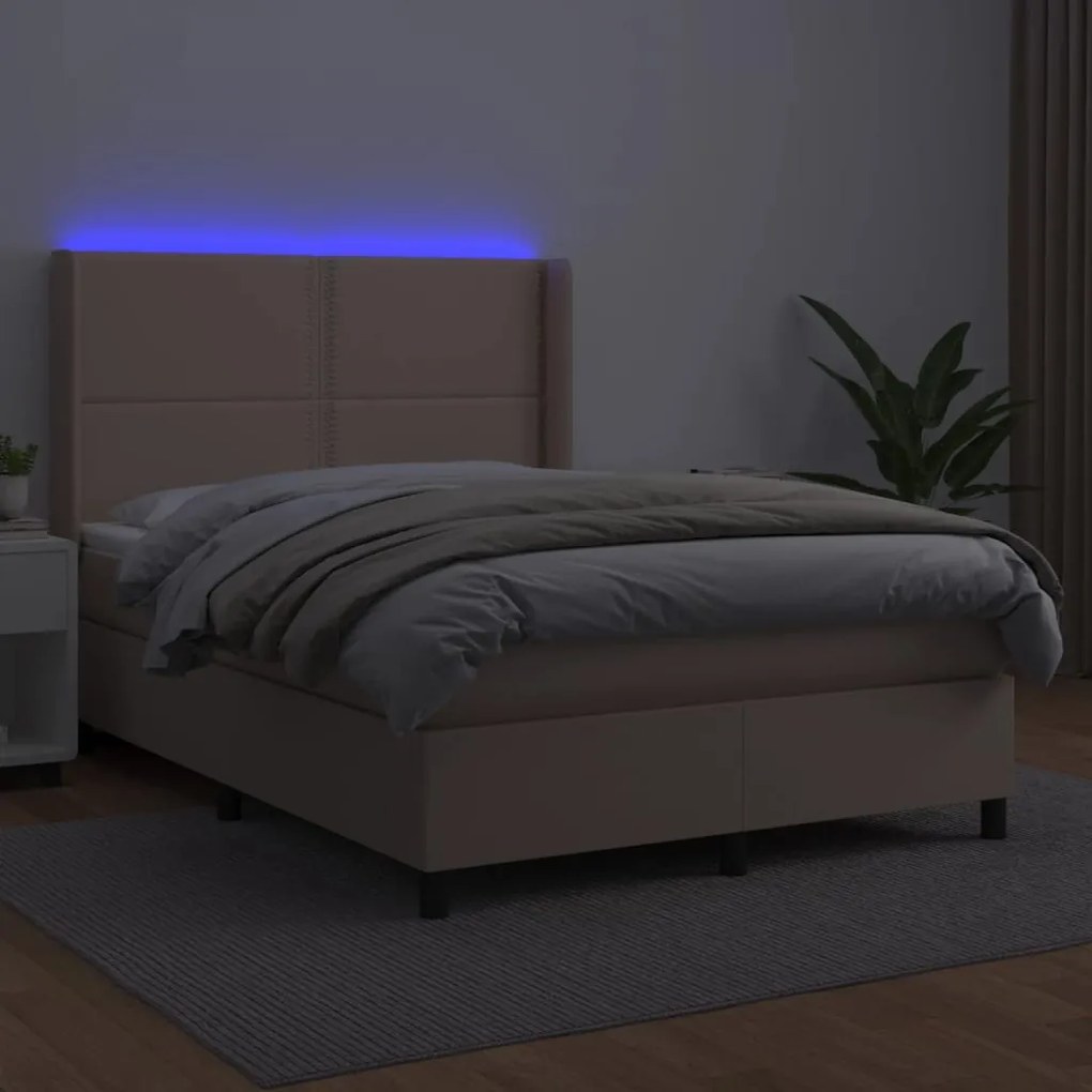 vidaXL Κρεβάτι Boxspring Στρώμα&LED Καπουτσίνο 140x190 εκ. Συνθ. Δέρμα