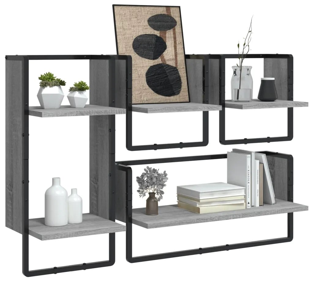 vidaXL Ράφια Τοίχου Σετ 4 τεμ. με Μπάρες Γκρι Sonoma Επεξ. ξύλο