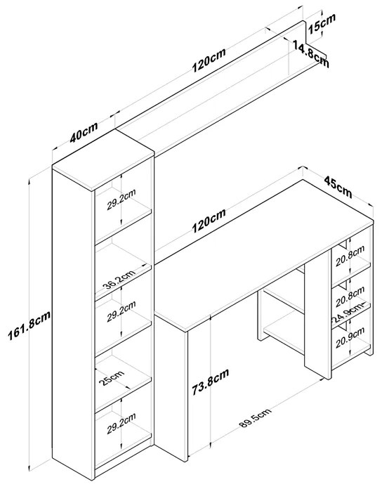 Γραφείο με βιβλιοθήκη Goldie pakoworld ανθρακί-φυσικό 160x45x161.8εκ