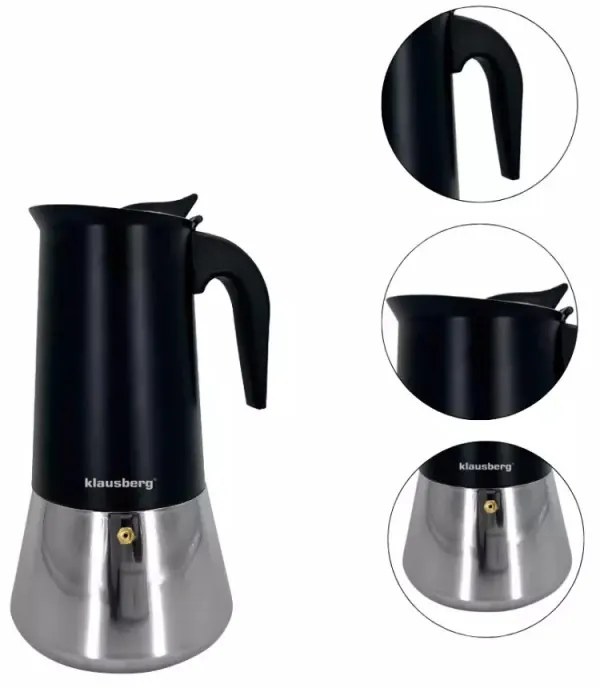 Κουβανέζικη καφετιέρα Klausberg KB 7847, 12 φλιτζάνια, 600 ml, Ανοξείδωτο, Επαγωγική, Μαύρο/Inox
