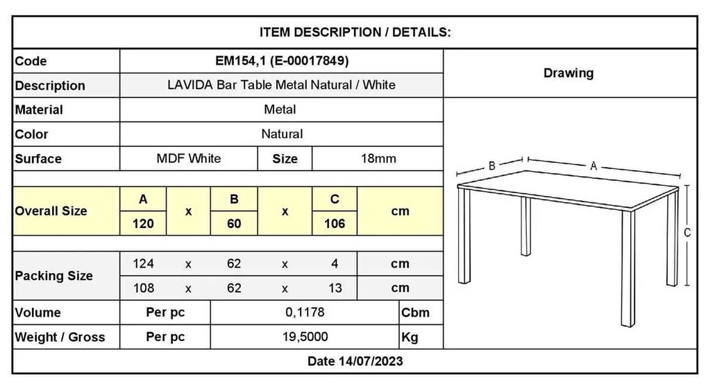 Τραπέζι Bar Lavida 120Χ60 Mεταλ.Φυσικό 120x60x106cm